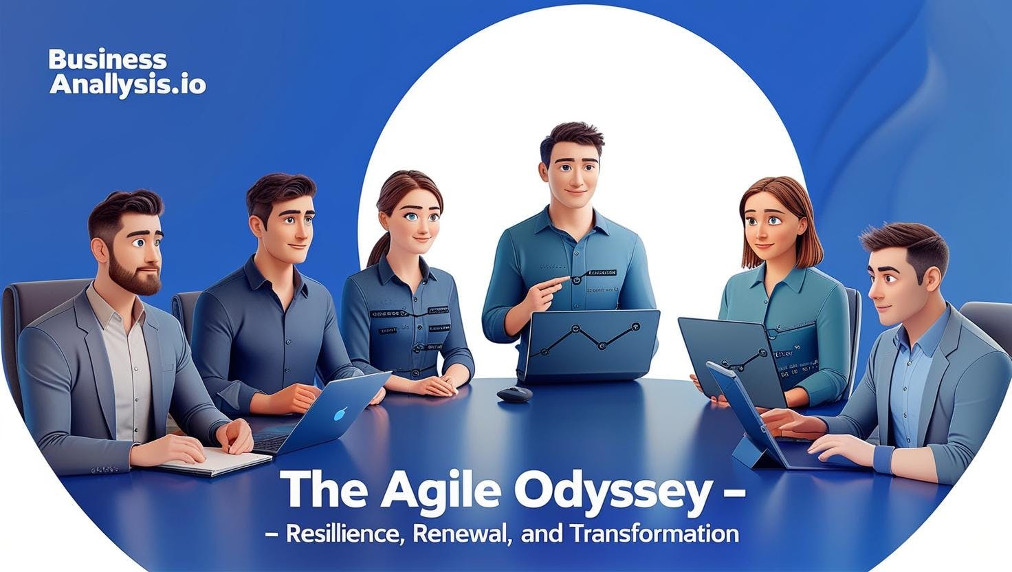 Design a vibrant, professional image banner for a blog post titled The Agile Odyssey – Resilience, Renewal, and Transformation. The banner should visually represent the founding of a business analysis hub by five legendary figures_ Paul, .jpg