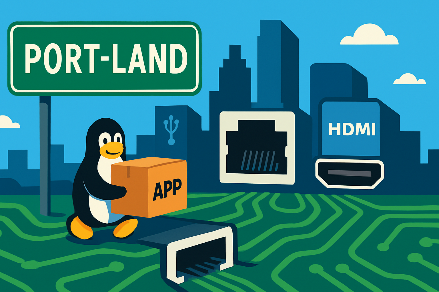 Illustration of a visual pun on Portland as a land of computer ports and software porting.