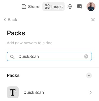 Searching 'QuickScan' from the Packs menu in the Insert panel of Coda