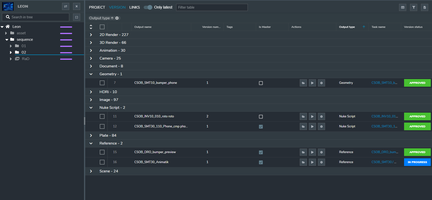 Outputs grouped by their Output type parameter inside the Version view