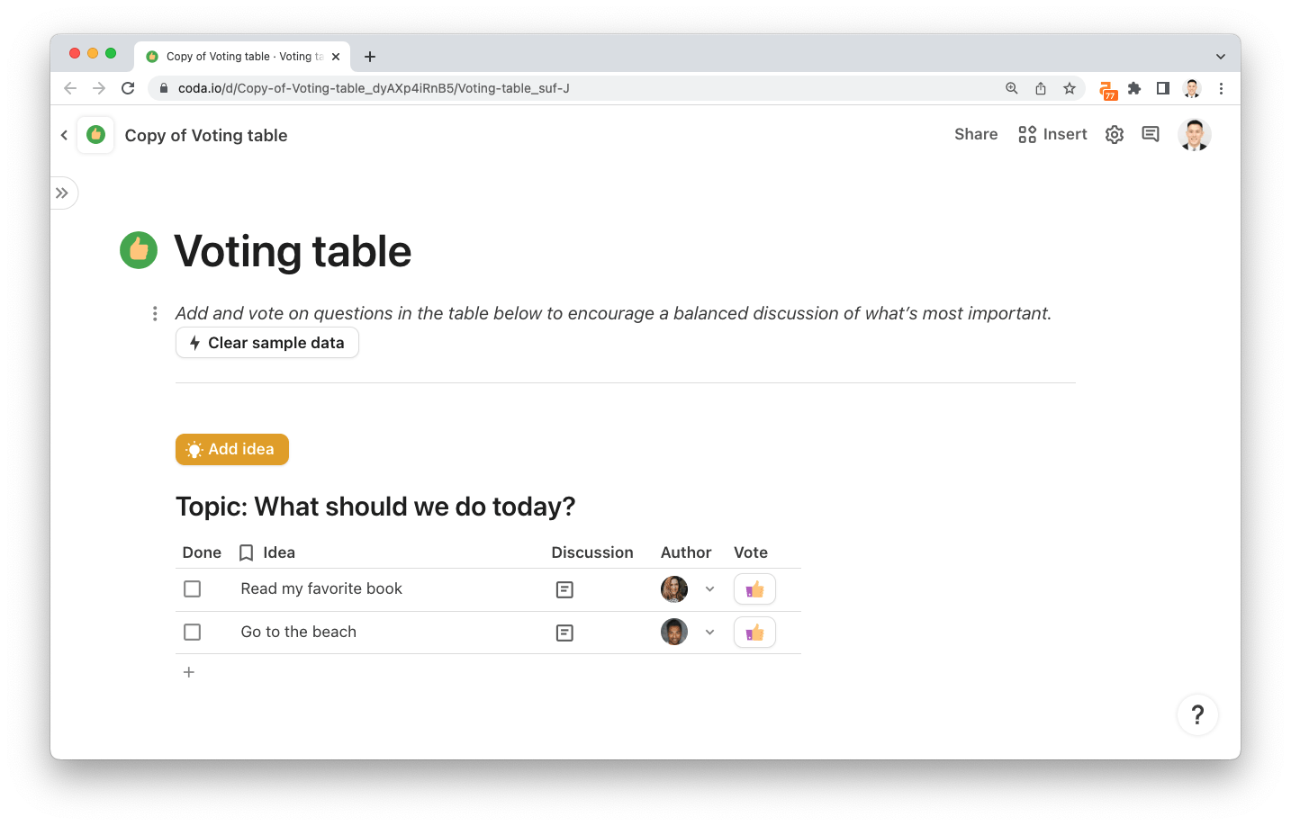Free meeting poll template with a built-in voting table - ask your teammates to add ideas, topics, or agenda items and vote