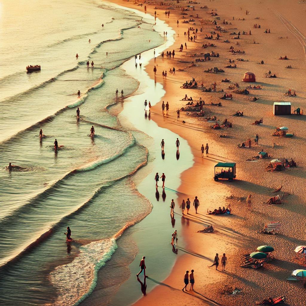 A Latvian beach with golden sand, gentle waves, and people enjoying a calm day. Some are walking, while others are sunbathing, capturing a serene seaside environment.