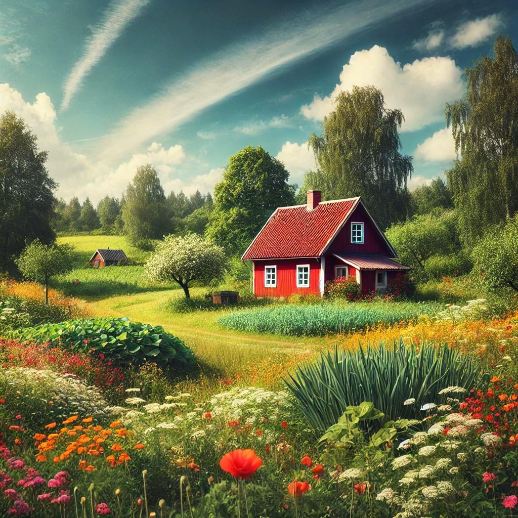 A beautiful rural scene in Latvia with a small red house surrounded by green fields and blooming flowers, under a bright blue sky. This peaceful countryside setting is simple yet captivating.