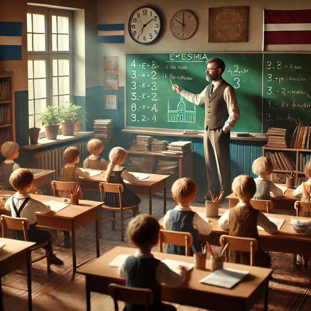 A Latvian classroom with children sitting at desks and a teacher standing by the chalkboard. The scene is focused on learning, with books and school supplies on the desks.