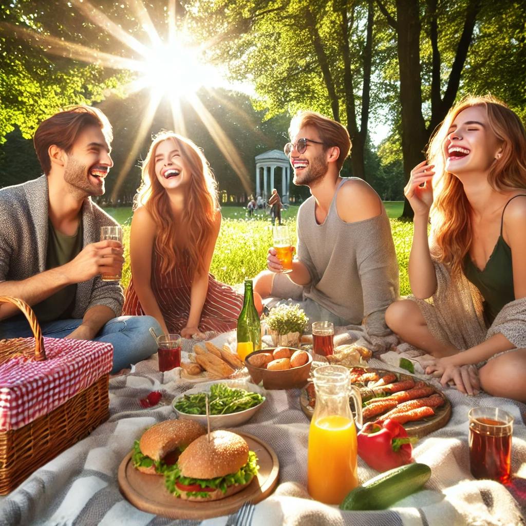 A group of friends enjoying a picnic in a sunny Latvian park, sitting on a blanket with food and drinks. The scene is joyful and filled with laughter.