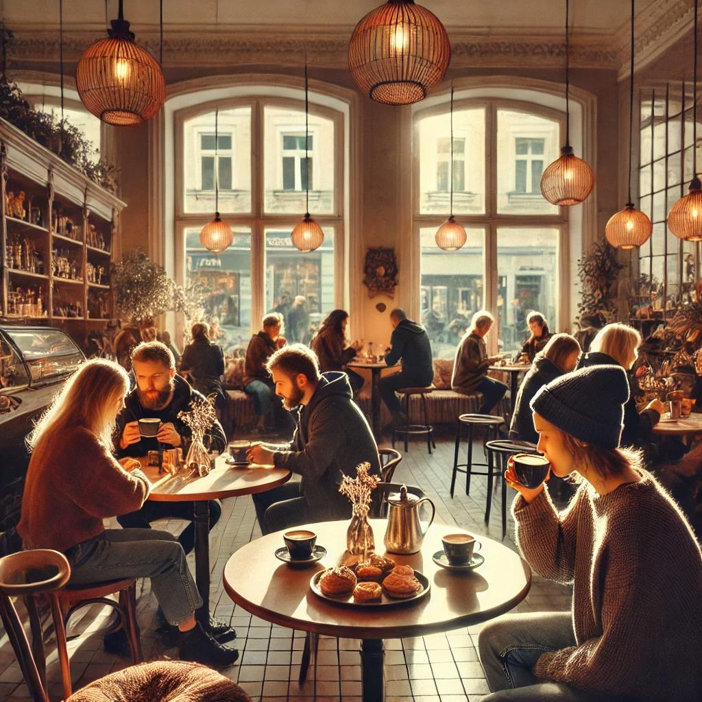 A cozy café in Latvia with people sitting at small tables, sipping coffee and enjoying pastries. The atmosphere is warm and inviting, perfect for a relaxing moment.