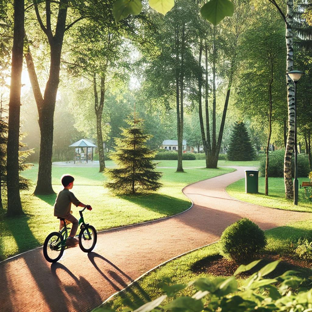 A child riding a bicycle in a park in Latvia, with green trees and a small path. The atmosphere is cheerful and active, perfect for outdoor fun.