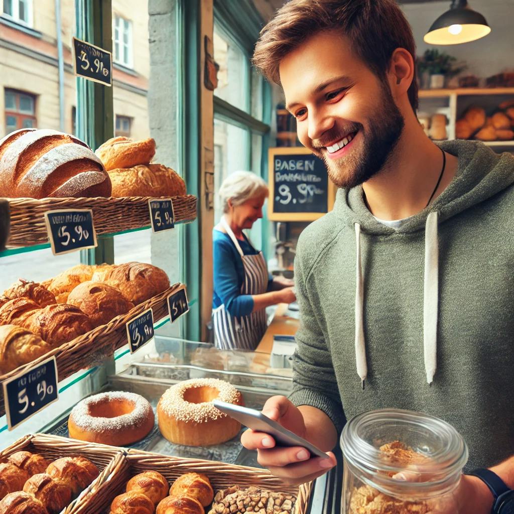 A small bakery in Latvia with fresh bread and pastries displayed in the window. A customer is smiling as they purchase something from the counter.