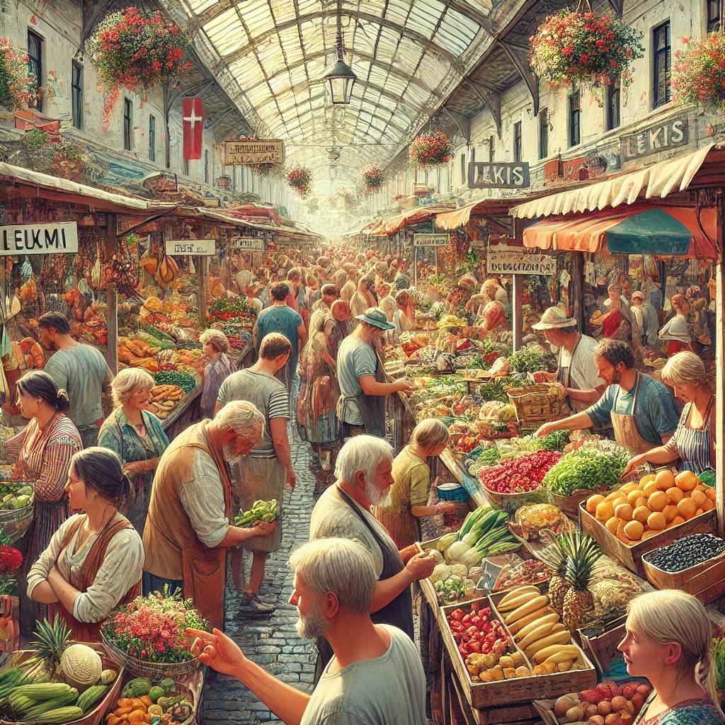 A lively market in Latvia with vendors selling fresh fruits, vegetables, and flowers. People are chatting and buying items, creating a vibrant and colorful atmosphere.