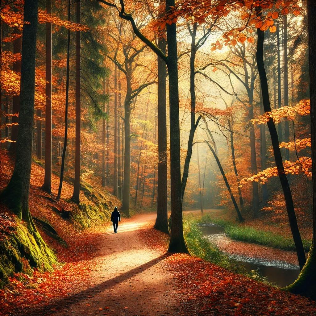 A Latvian forest during autumn, with colorful orange and yellow leaves falling from the trees. A person walks along a scenic path, enjoying the tranquility.
