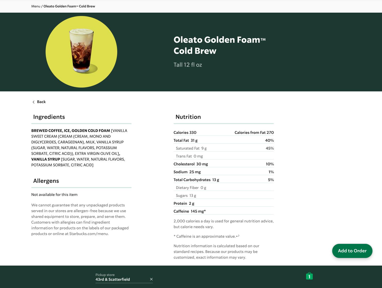 Oleato Golden Foam Cold Brew Nutrition Starbucks Coffee Company.png