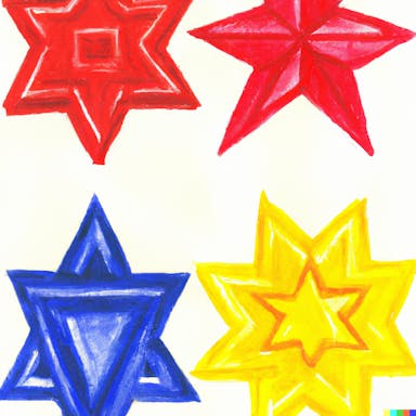DALL·E 2022-07-13 16.33.09 - A black five-pointed star, a yellow six-pointed star, a red seven-pointed star, and a blue eight-pointed star, drawn in color and India ink washes..png