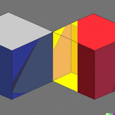 DALL·E 2022-07-13 16.19.38 - Double Drawing. Right_ Isometric Figure (Cube) with progressively darker graduations of gray on each of three planes; Left_ Isometric figure with red,.png