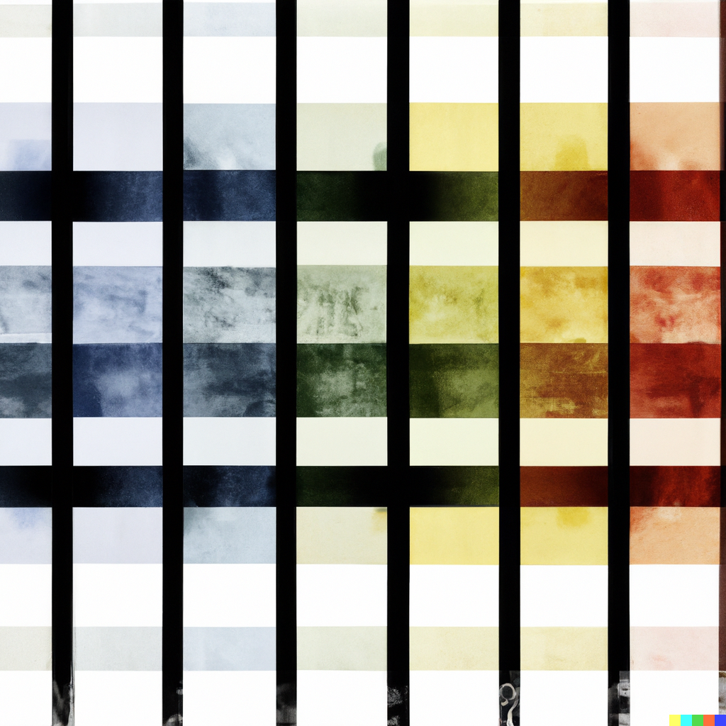 DALL·E 2022-07-13 16.22.02 - A wall divided vertically into four equal squares separated and bordered by black bands. Within each square, bands in one of four directions, each wit.png