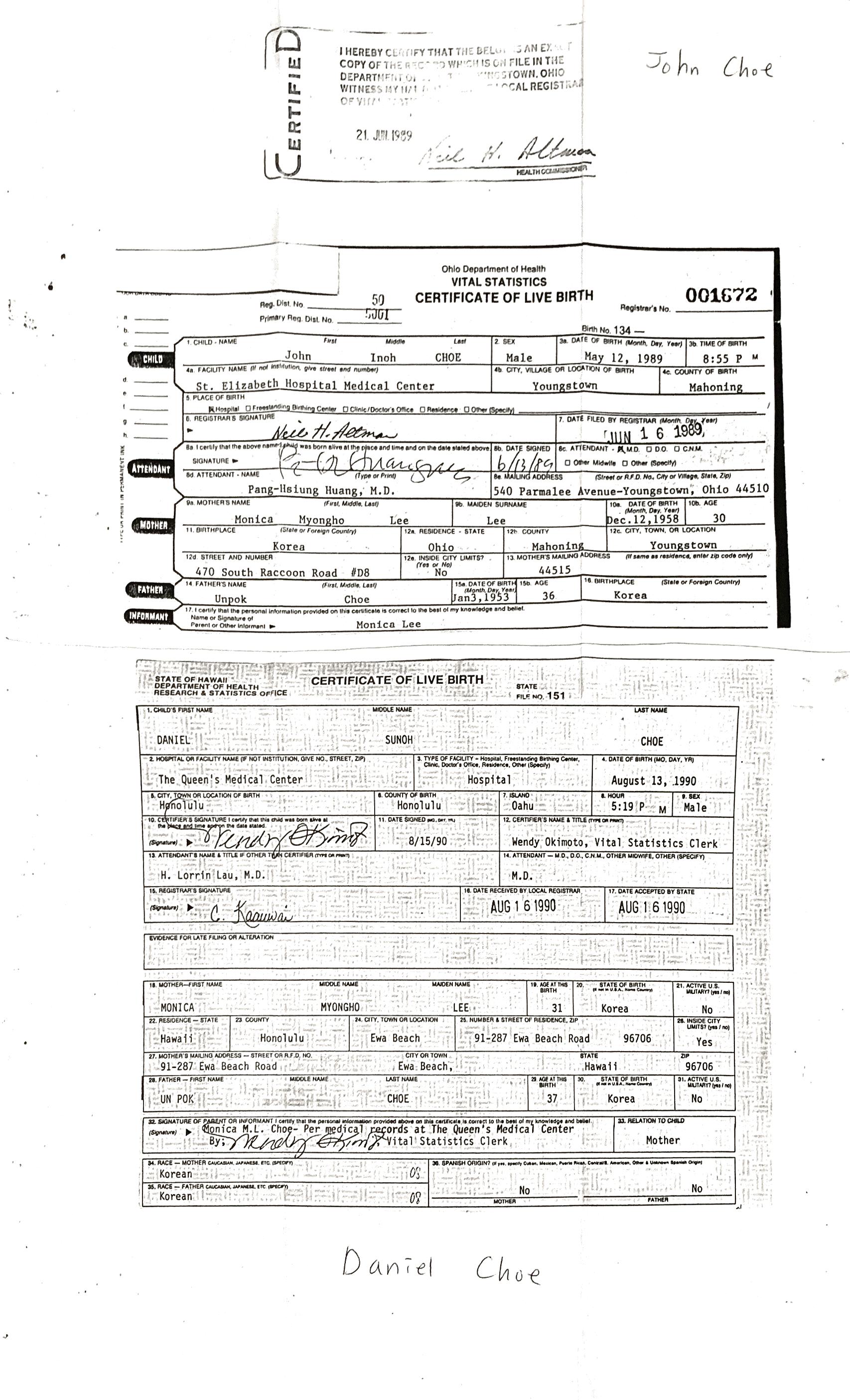 Inoh Choe birth certificate.png