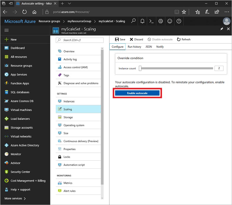 Enable autoscale in the Azure portal