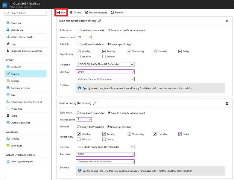Create autoscale rules that scale on a schedule