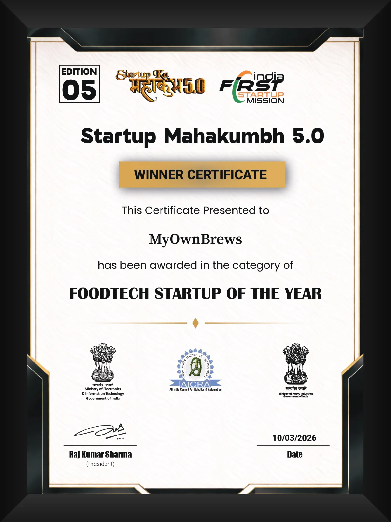 Food-tech Startup of the Year Certificate Startup Mahakumbh.webp