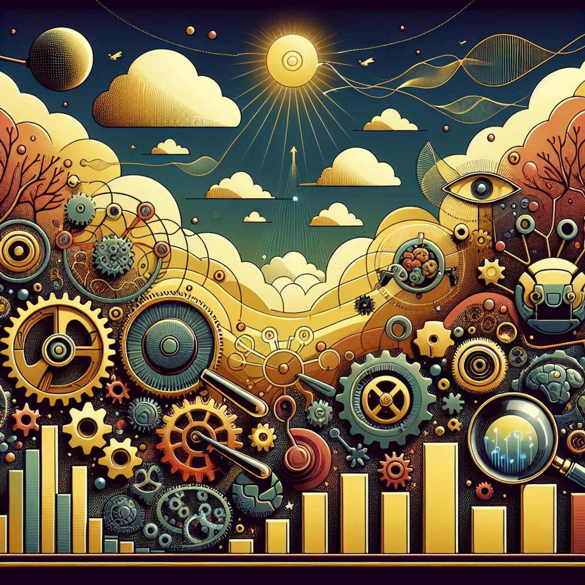 A landscape of cogwheels and gears working seamlessly together, with elements representing artificial intelligence, search, and optimization, all saturated with a rich golden glow.