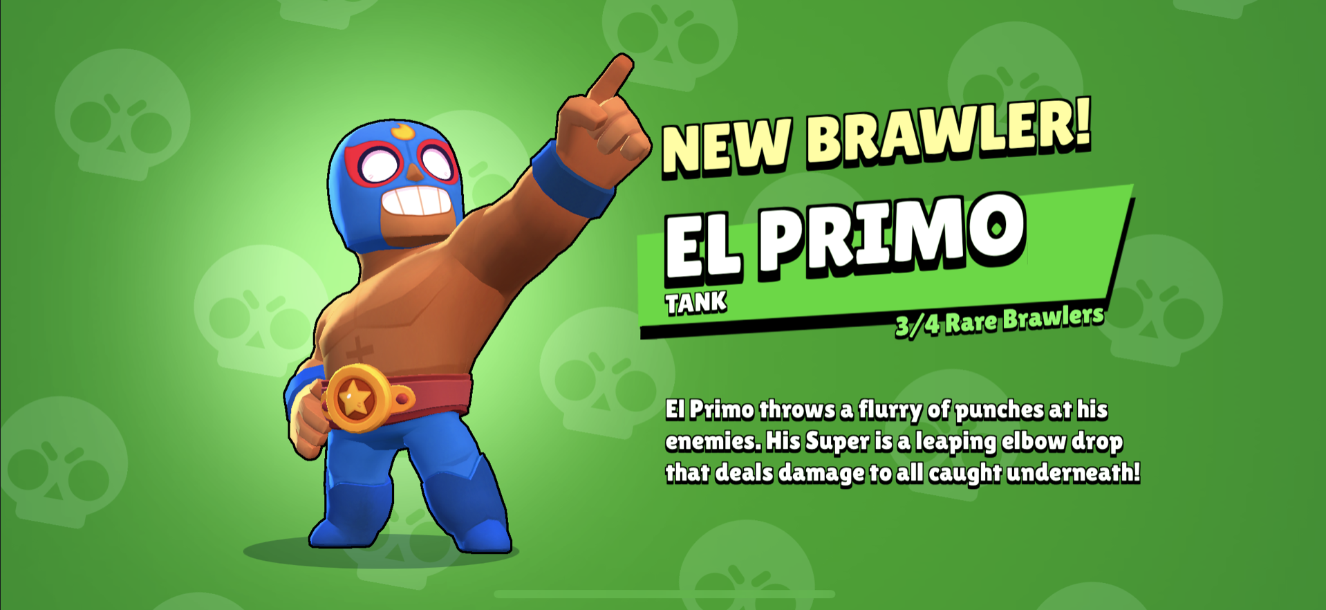 A screenshot of BrawlStars showcasing a Mexican luchador brawler. The text "he throws a flurry of punches at this ennemies. His Super is a leaping elbow drop that deals damage to all caught underneath" is a good practice of the familiarity heuristic.