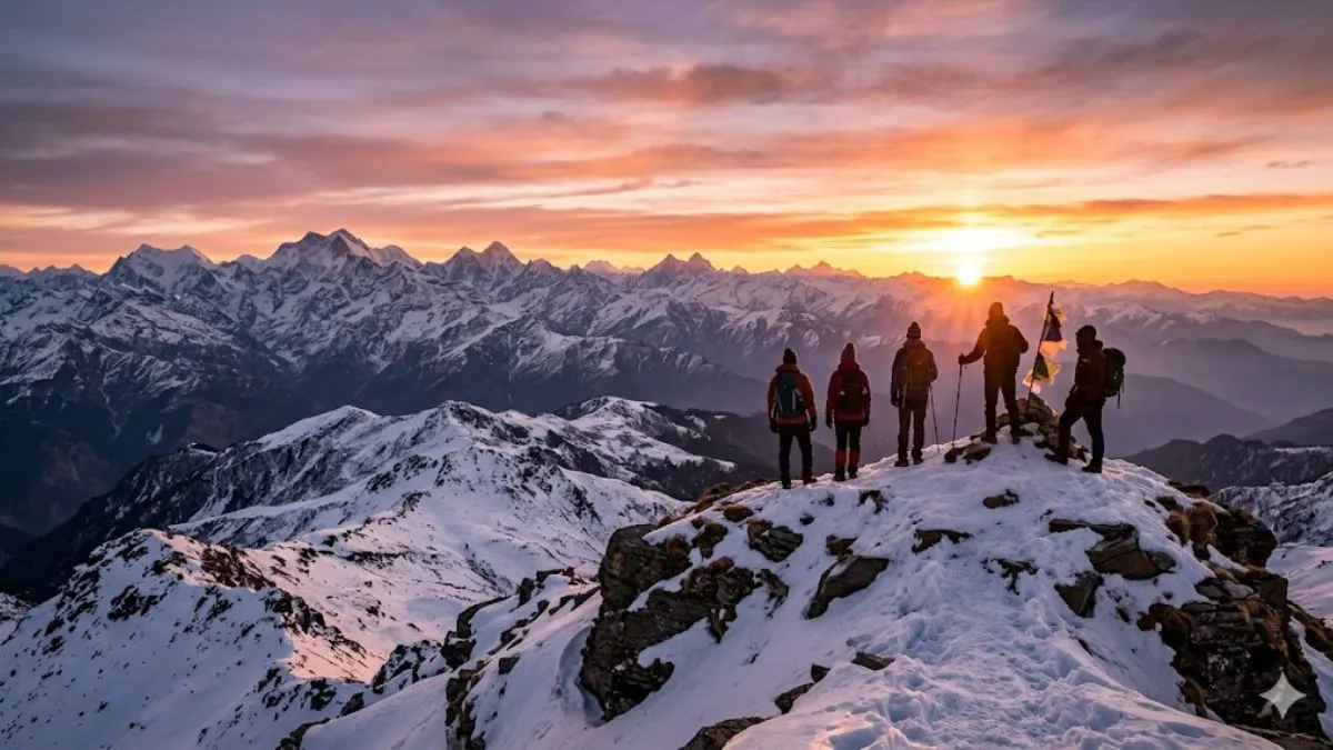 Stunning panoramic view from Kedarkantha summit at 12500 feet,  snow covered Himalayan peaks stretching to the horizon,  golden sunrise light painting the sky orange and pink,  trekkers silhouette.jpg