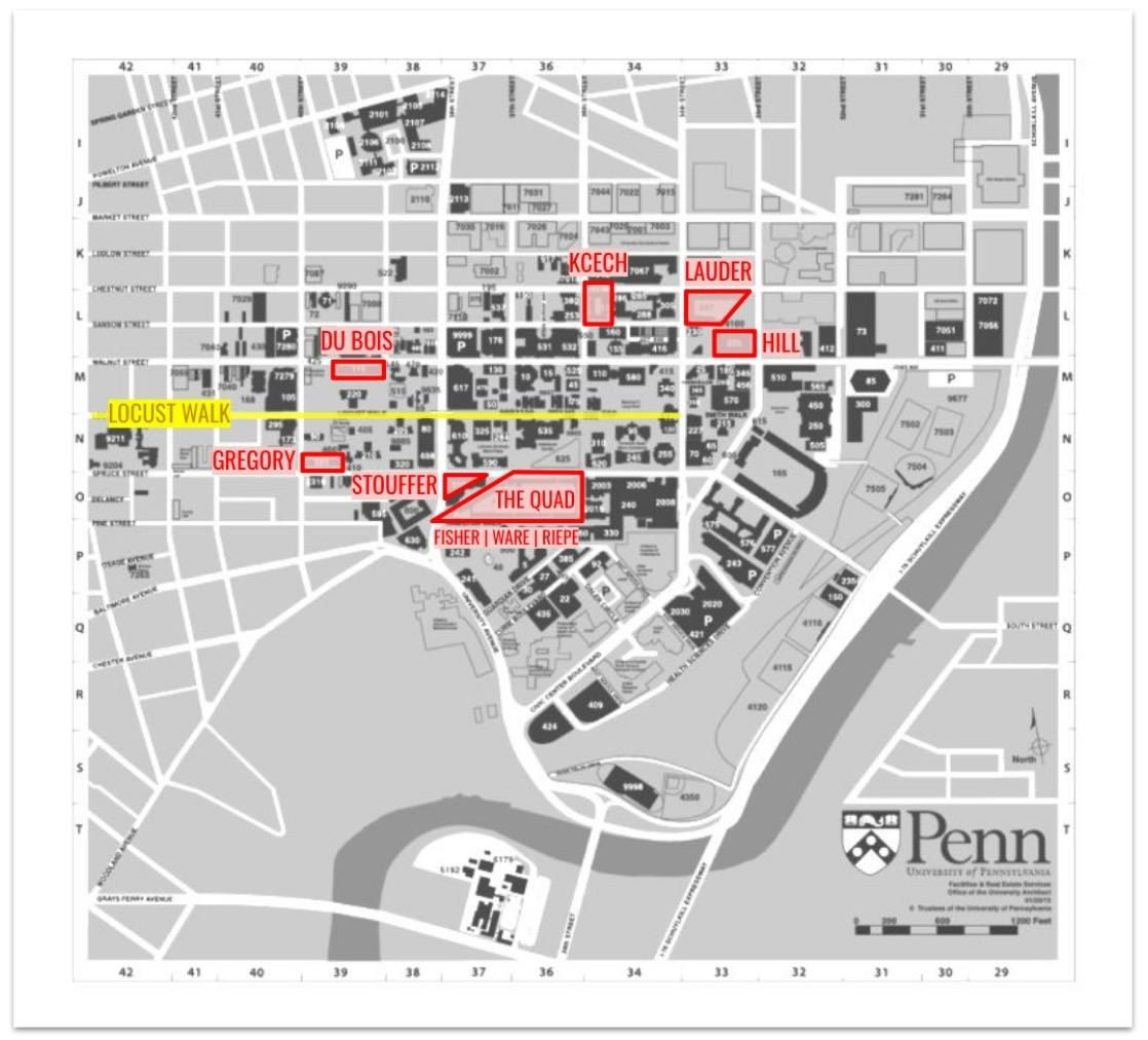 Map of Penn with Freshman Housing options highlighted.