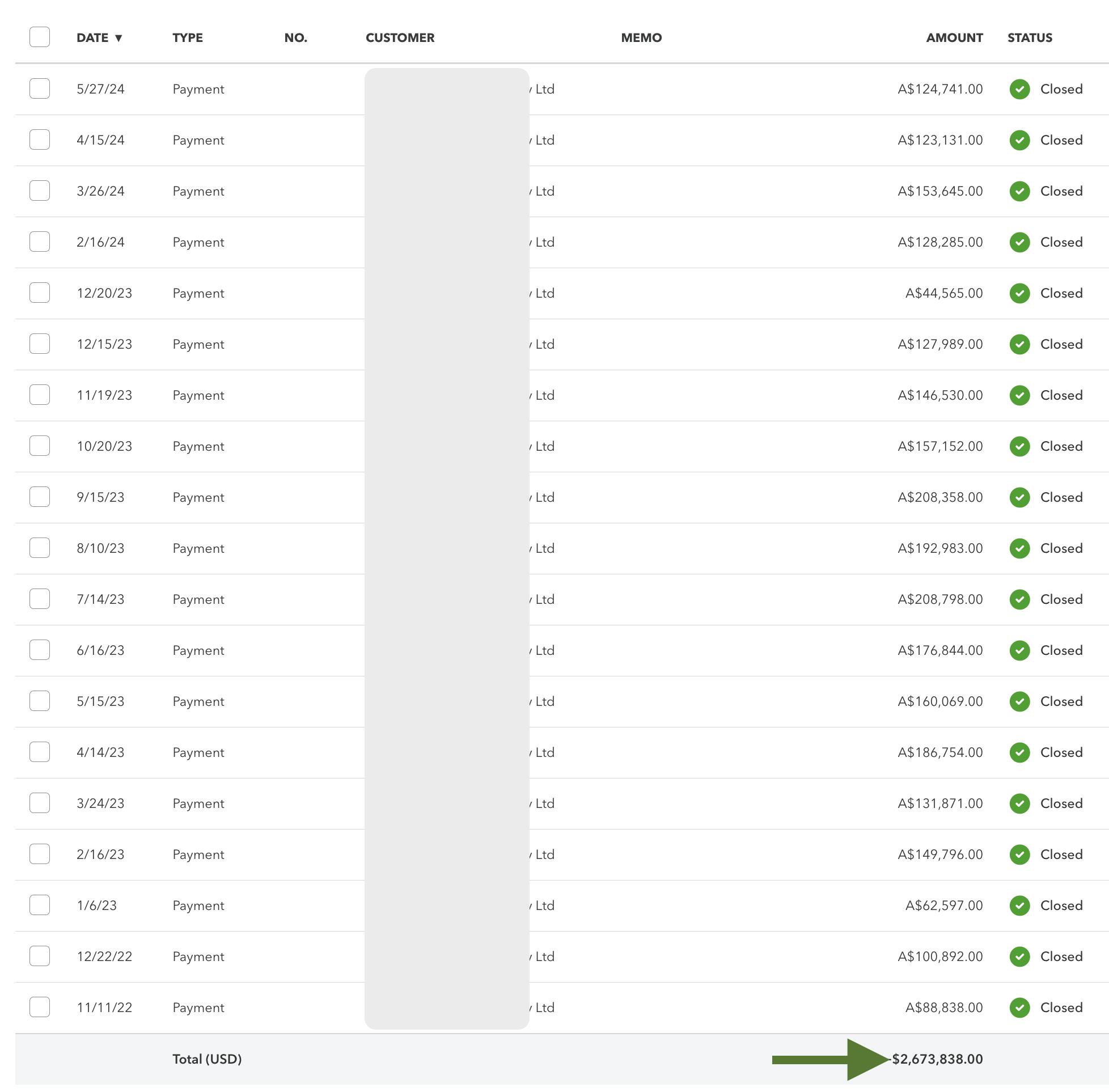 Quickbooks Invoices Proof - $2.67M - 1 Client