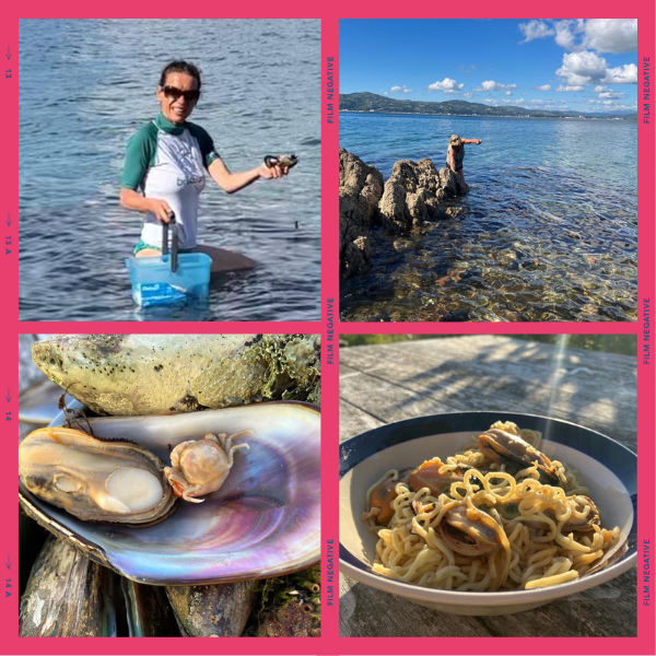 Kath and Mutti collecting dinner on Matiu Somes Island collage pink.png
