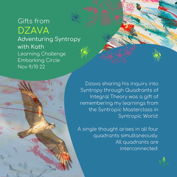 Adventuring Syntropy with Kath - Gifts from Dzava 11-22: Dzava sharing his inquiry into Syntropy through Quadrants of Integral Theory: A single thought arises in all four quadrants simultaneously. All quadrants are interconnected.