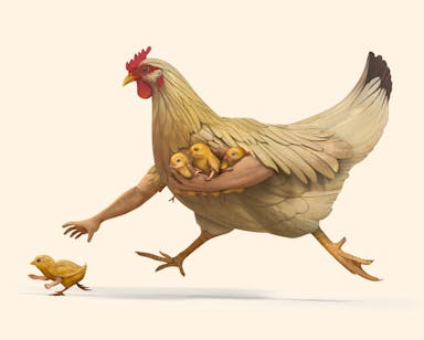 Poultrificus Clutch - a chicken with arms, a chicken that uses its arms to collect its chicks