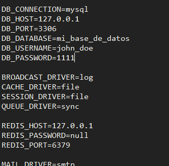 Ejemplo de configuración base de datos Laravel