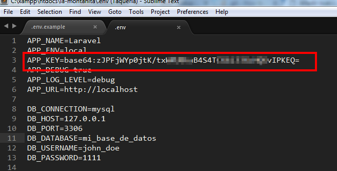 Archivo .env modificado con la clave generada