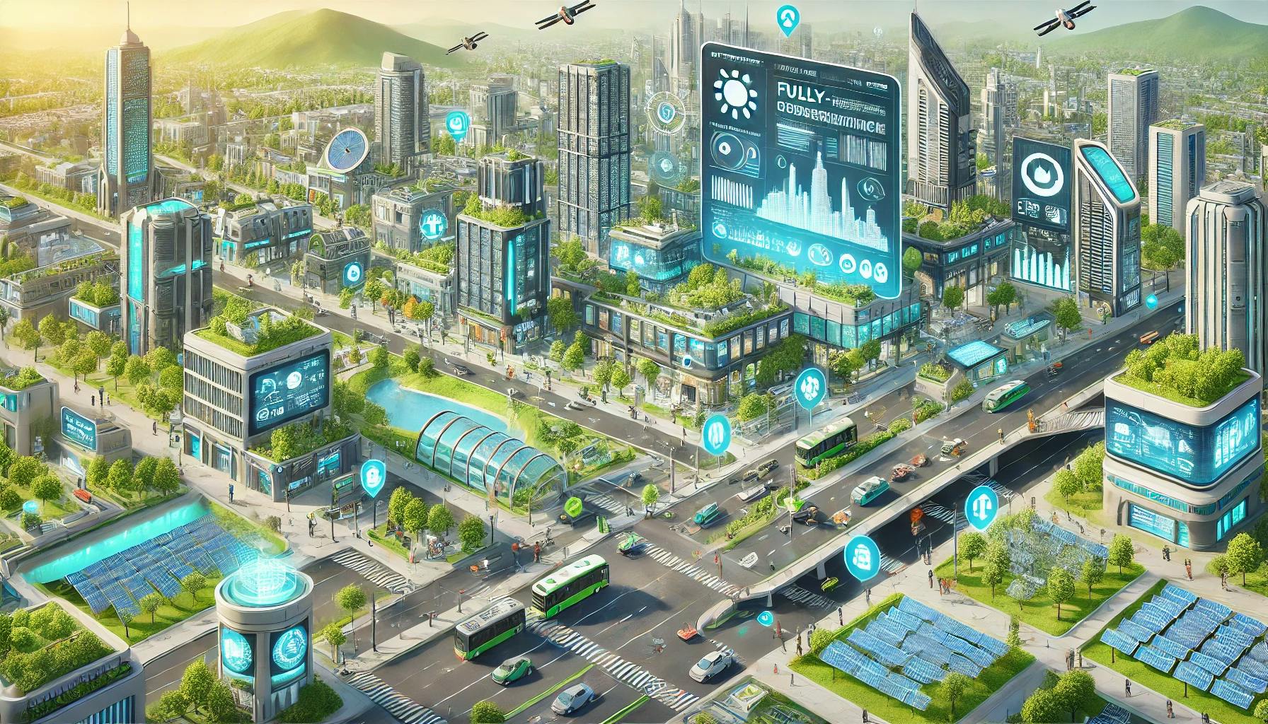 DALL·E 2024-08-08 14.26.22 - An isometric digital illustration of a futuristic utopian cityscape fully utilizing the City AI Engine. The city is vibrant and clean with green space.webp