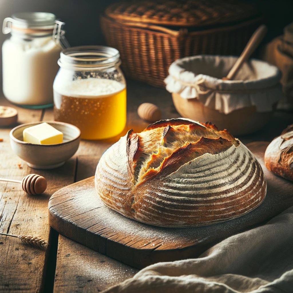DALL·E 2023-12-24 08.39.35 - A freshly baked homemade sourdough loaf on a rustic wooden table, with a jar of sourdough starter in the background. The scene is warm and inviting, w.png