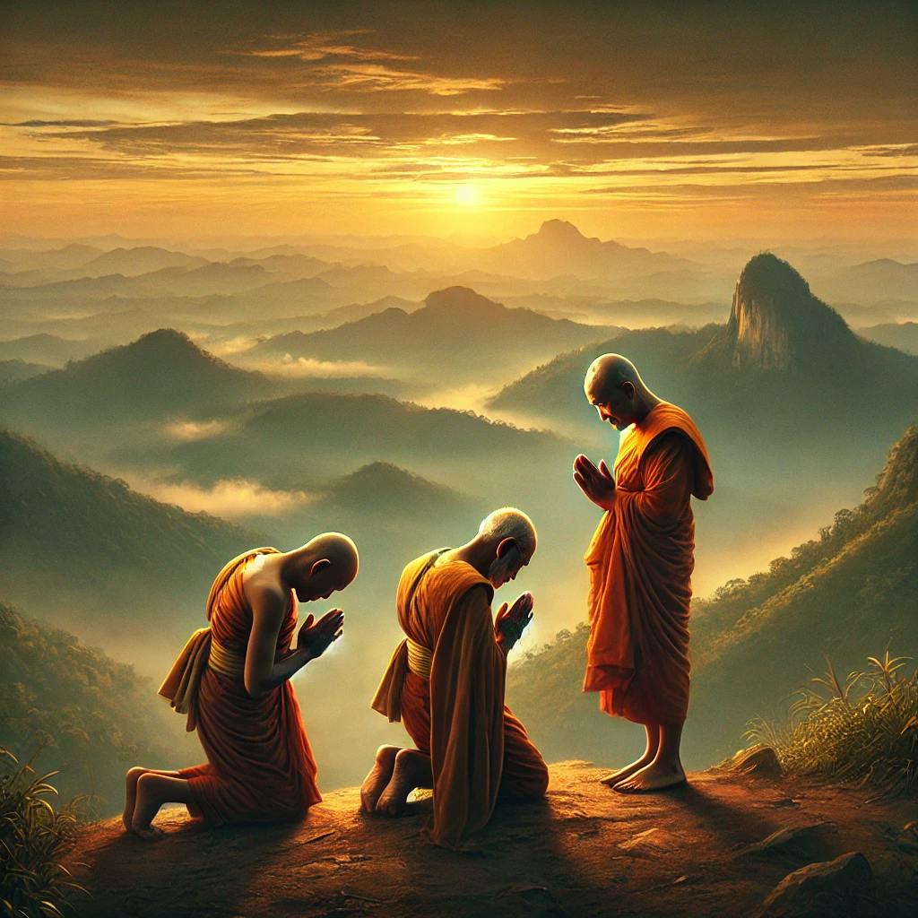 DALL·E 2024-08-02 17.27.19 - A serene painting depicting three elderly Thai monks bowing to each other on the top of a mountain. The scene is set during sunrise, casting a golden .webp