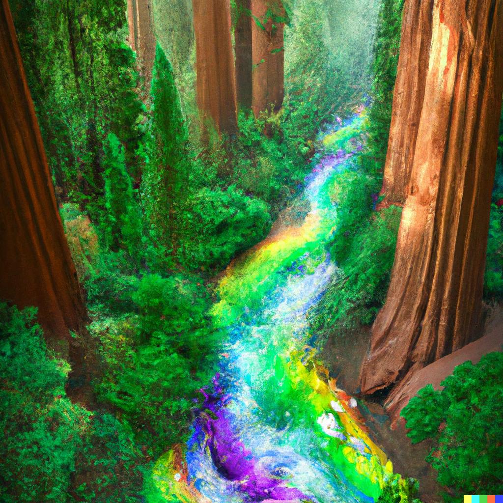 DALL·E 2022-10-13 19.32.56 - high view perspective of a river made of rainbow soda, in a magical forest of giant sequoia trees, fantasy digital art, high detail.png