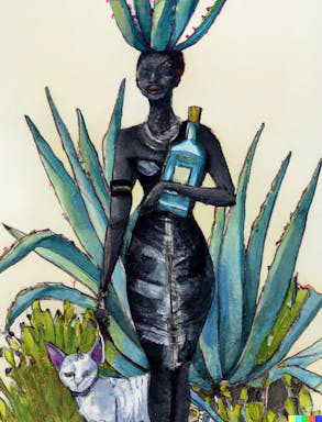 DALL·E 2022-09-30 21.11.47 - watercolour and ink painting of an African queen standing in the middle of agave fields holding a bottle of patron tequila with a black and white cat .png