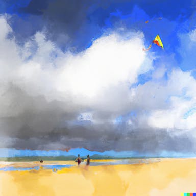 DALL·E 2022-08-04 20.57.30 - painting of two people looking up at one kite in a stormy sky above a long white sandy beach at sunset, impressionist, bold colours.png
