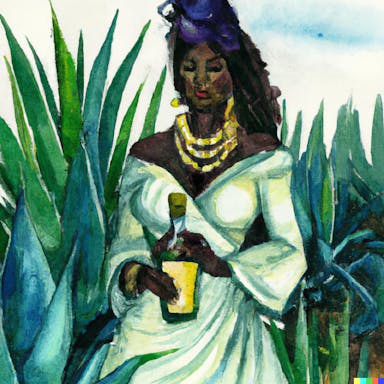 DALL·E 2022-09-30 21.14.05 - watercolour and ink painting of an African queen standing in the middle of agave fields holding a bottle of patron tequila.png