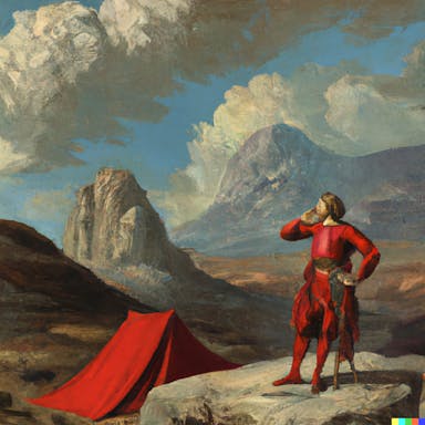 DALL·E 2022-09-30 21.00.52 - painting in the style of Michelangelo of a D'artagnan standing in front of a red tent in the Ceres mountains, .png