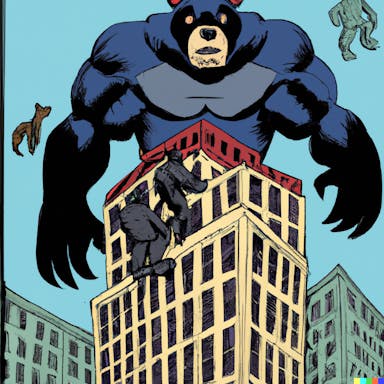 DALL·E 2022-08-04 19.32.26 - Superhero Black Bear saving people from a building, fantasy art in the style of a 1940s Batman comic book cover.png