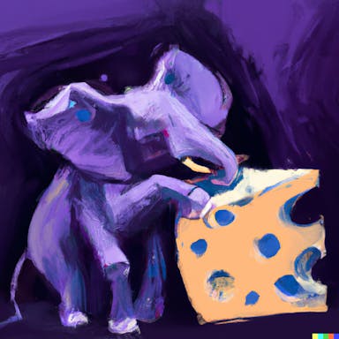 DALL·E 2022-08-04 17.44.02 - digital painting of a elephant eating a big cheese, purples, blues, picasso, hectic.png