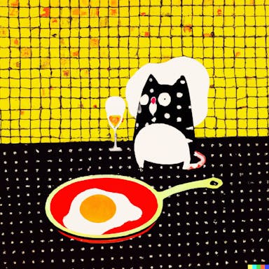 DALL·E 2022-08-04 18.14.52 - a cat frying an egg while drinking wine, in the style of Yayoi Kusama.png