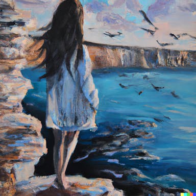 DALL·E 2022-08-04 18.53.46 - long-haired girl standing on white cliffs next to the ocean, surrounded by seagulls, subdued colour palette, oil painting.png
