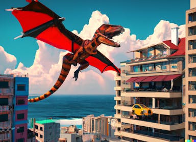 DALL·E 2022-10-06 21.06.25 - a luxury penthouse in a sea-side city with a flying t-rex with epic dragon's wings, 3d render octane engine, in the style of fauvism, painterly.png