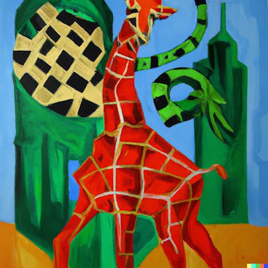 DALL·E 2022-08-04 20.08.03 - an oil painting of a dancing giraffe at the disco, green, red, blue, orange, in the style of cubism.png