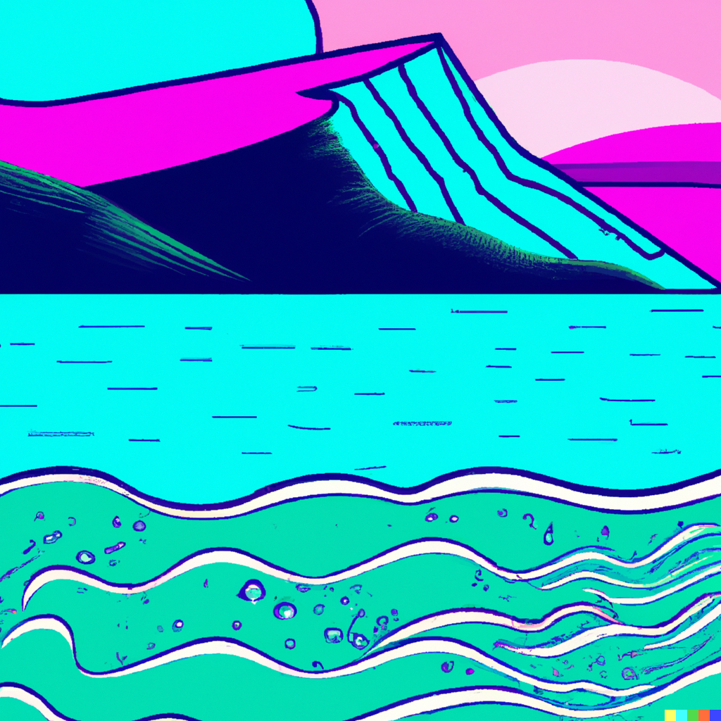DALL·E 2022-10-28 21.05.08 - art deco poster of an ocean with a mountain in the background, vibrant, colour pop .png
