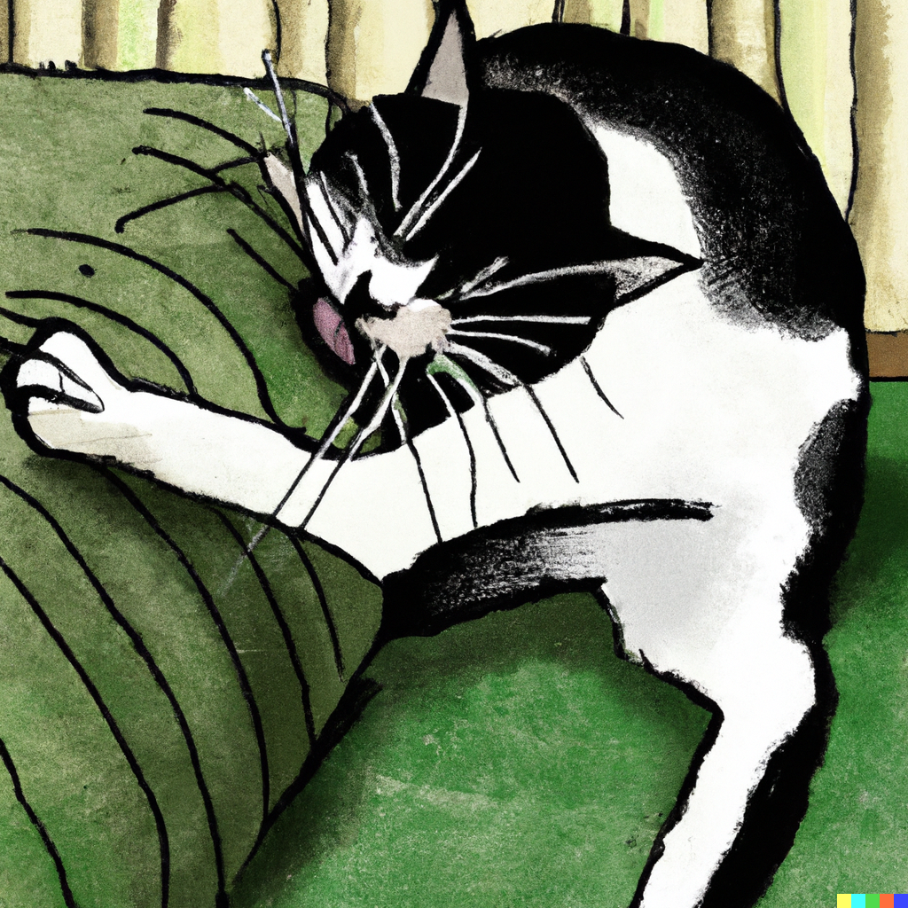 DALL·E 2022-09-30 20.31.47 - a hysterical black and white cat scratching a green coach, graphic novel.png
