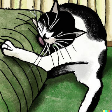 DALL·E 2022-09-30 20.31.47 - a hysterical black and white cat scratching a green coach, graphic novel.png