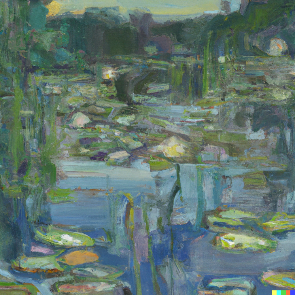 DALL·E 2022-09-29 14.16.00 - loose-brush stroke painting titled "When is water not water_", still pond with water lilies, reflections, in the style of Monet.png